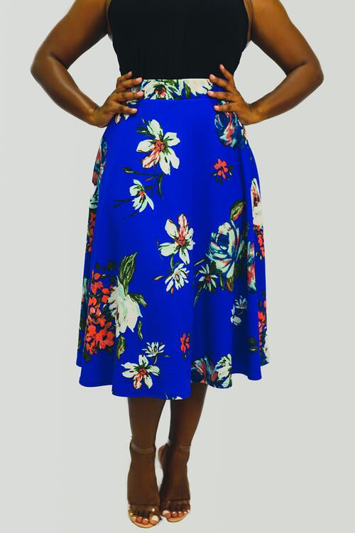 Floral Royal Blue Midi Flare Skirt: $62.99